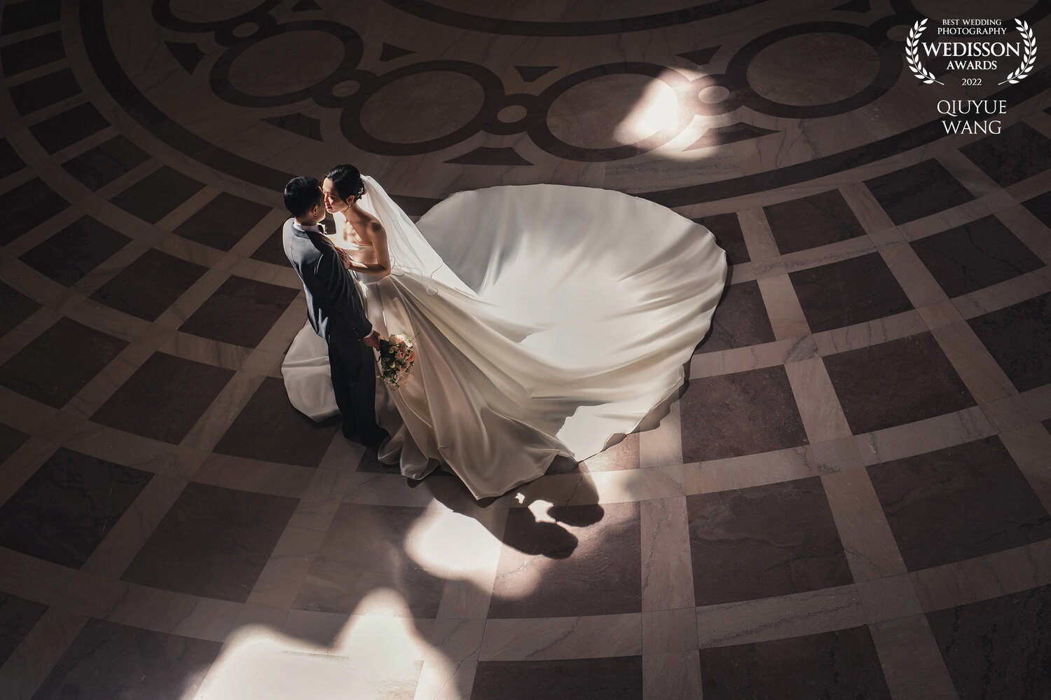 Wedisson award-winning overhead City Hall wedding veil photograph