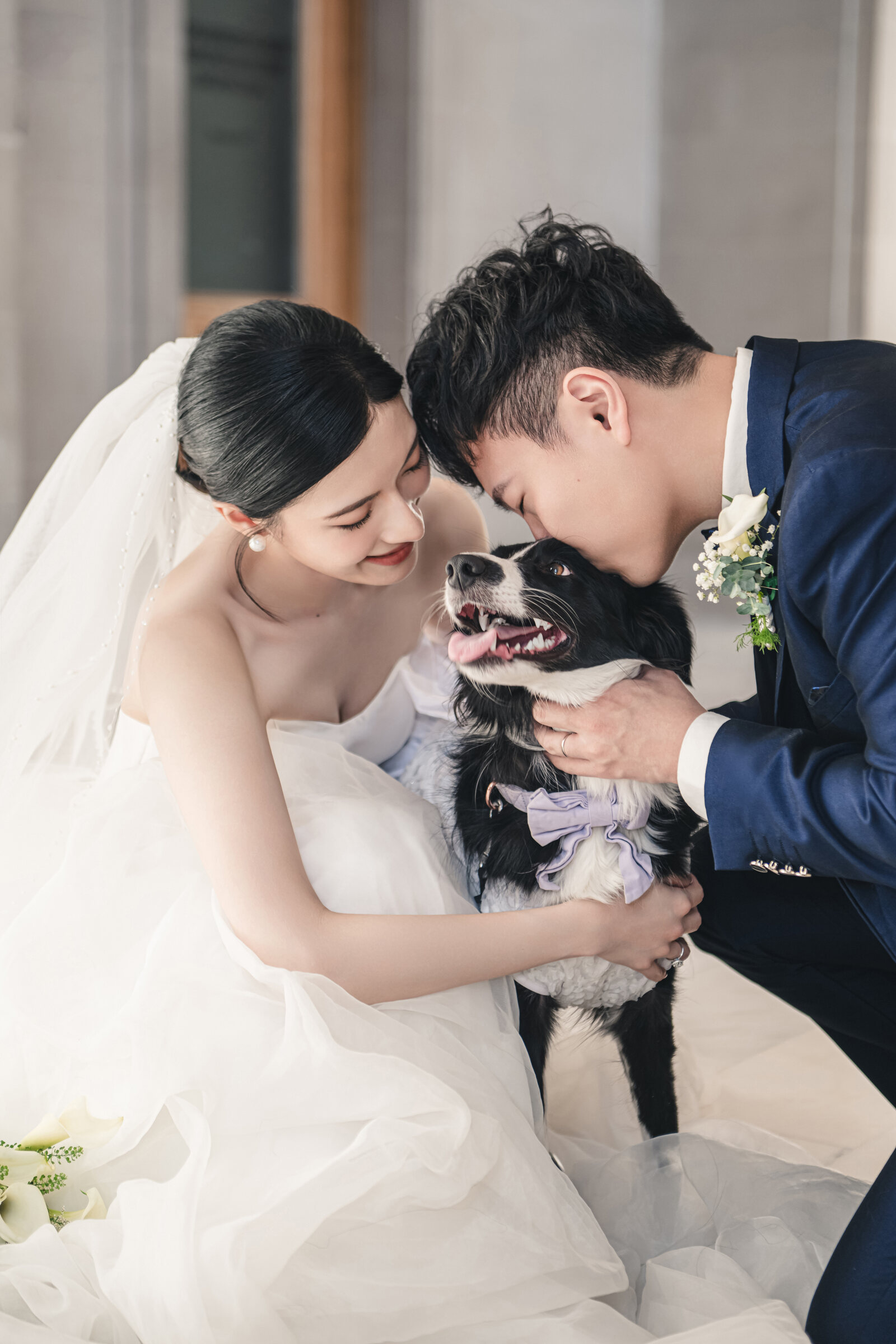 Tender couple portrait with their dog at San Francisco City Hall