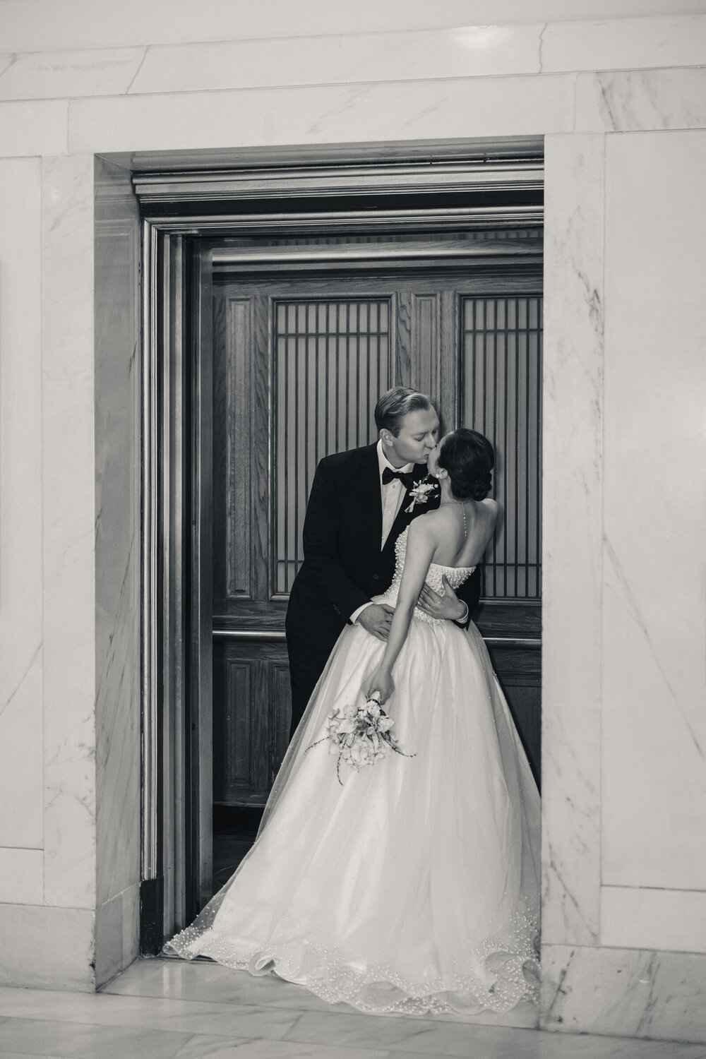 Black and white doorway portrait at San Francisco City Hall