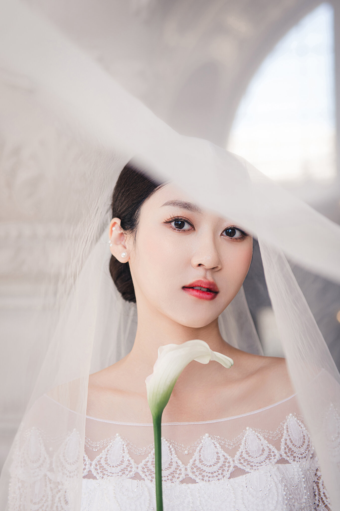 Veil-framed editorial bridal portrait