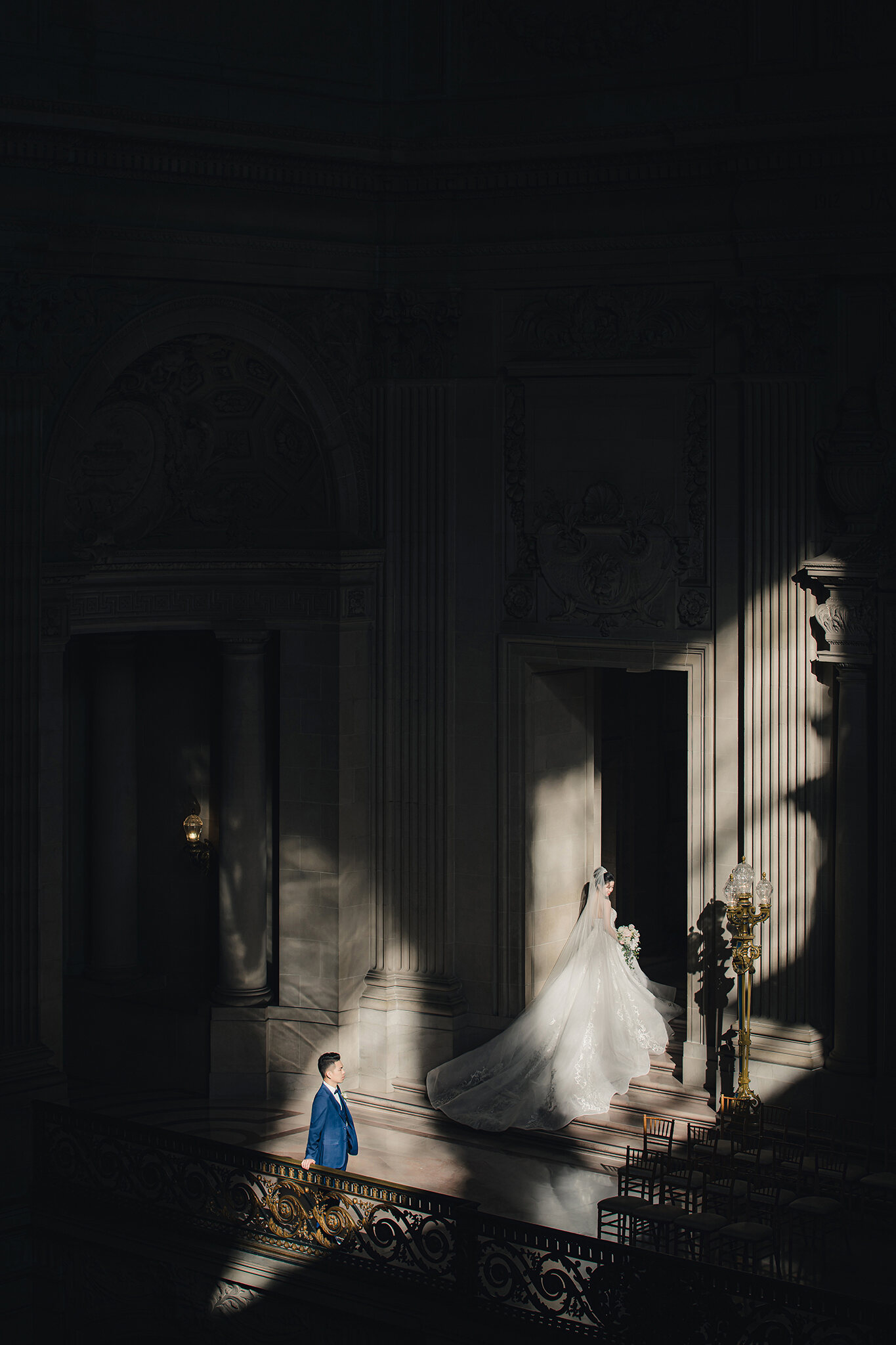 Dark arch veil portrait at San Francisco City Hall