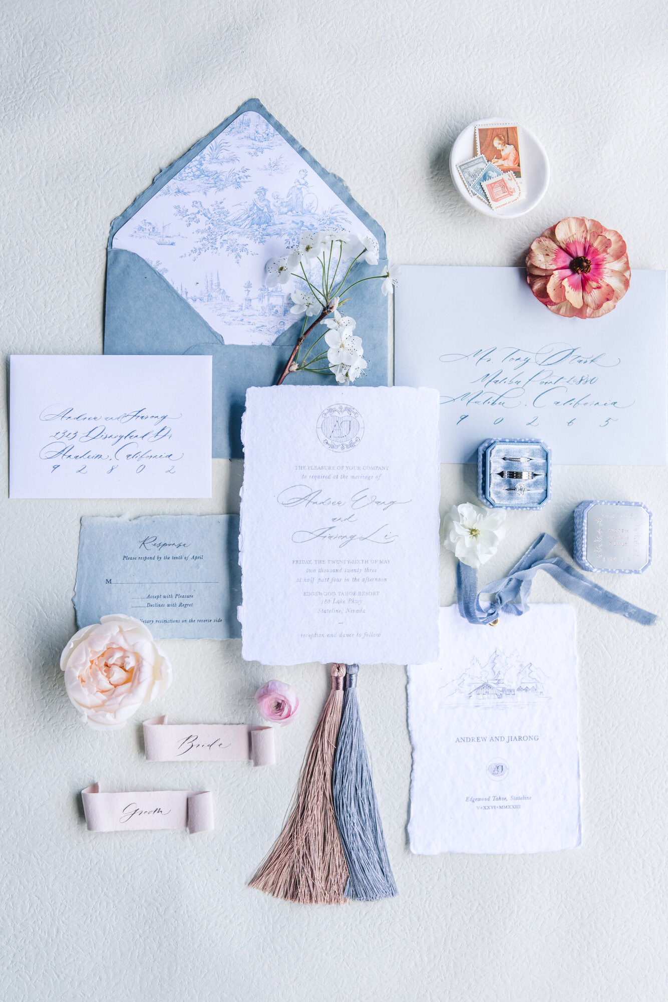 Blue and white wedding paper suite with ring details