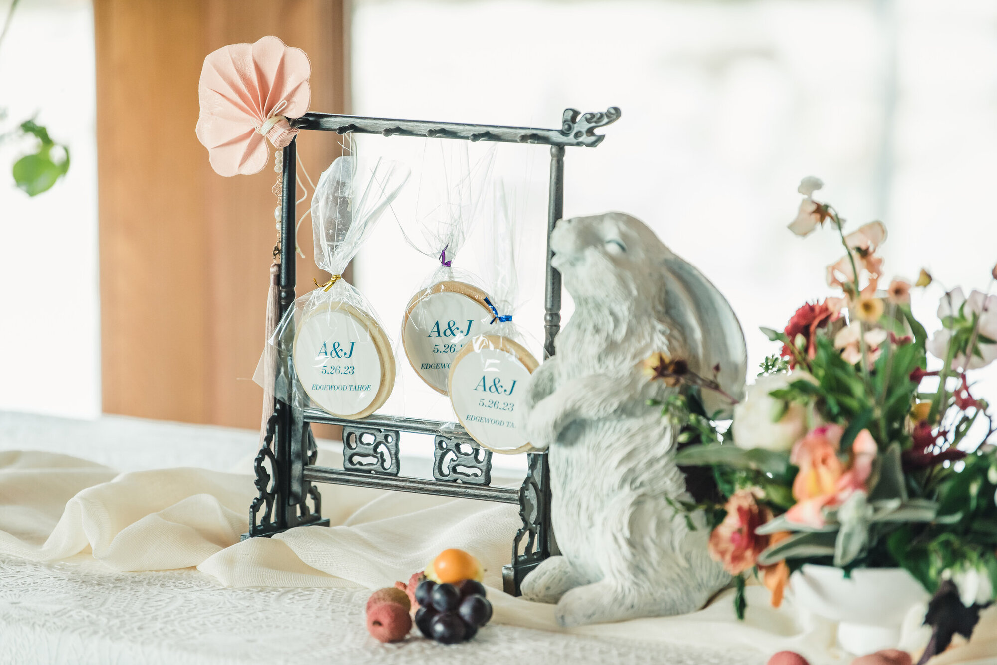 Blue and white place setting and floral table detail