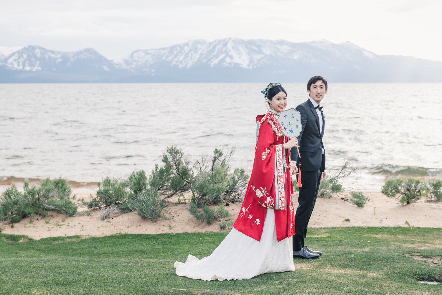 Couple in red by Lake Tahoe