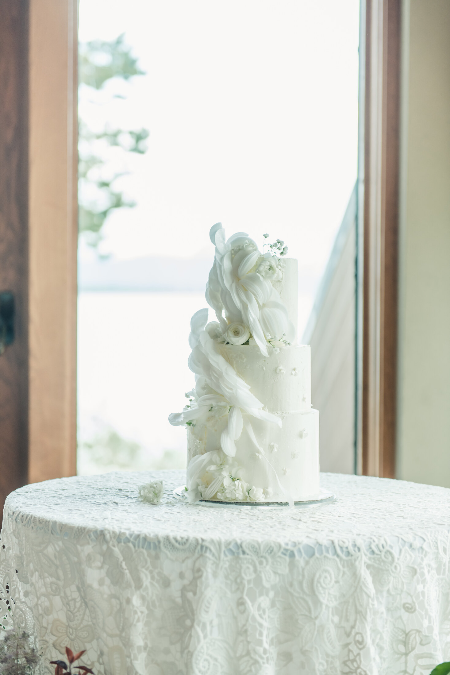 White wedding cake by the window