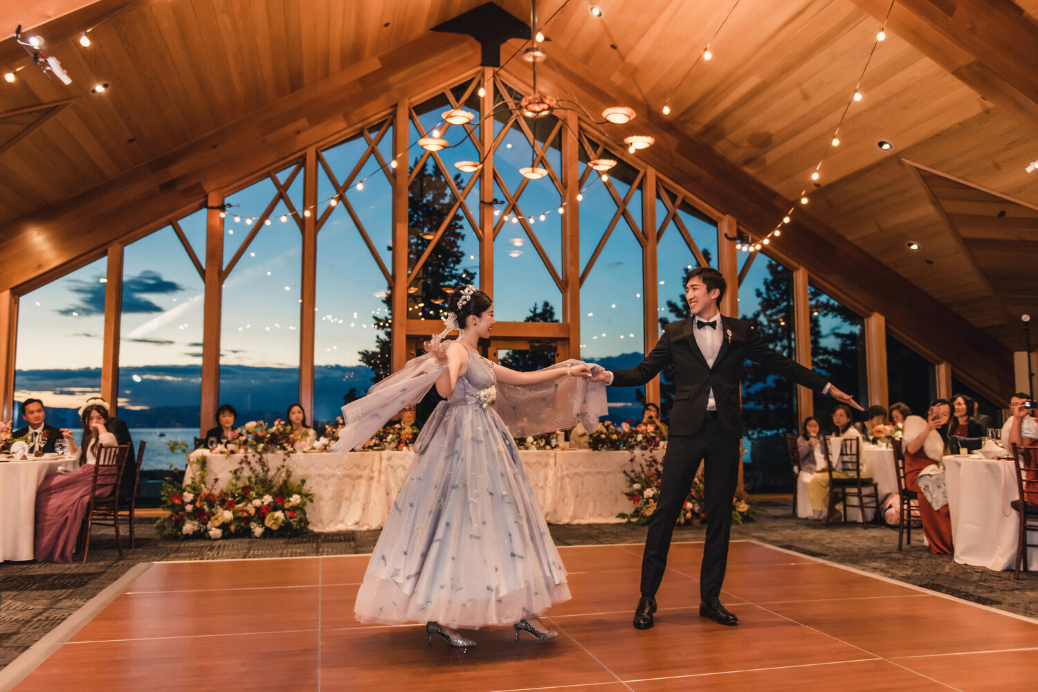 First dance inside the wood-paneled reception room