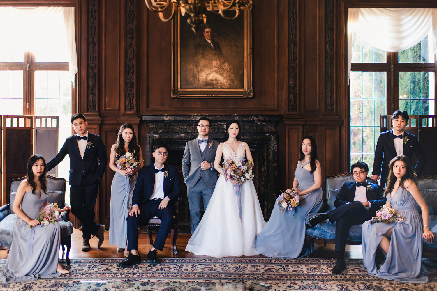 Wedding party portrait inside Kohl Mansion
