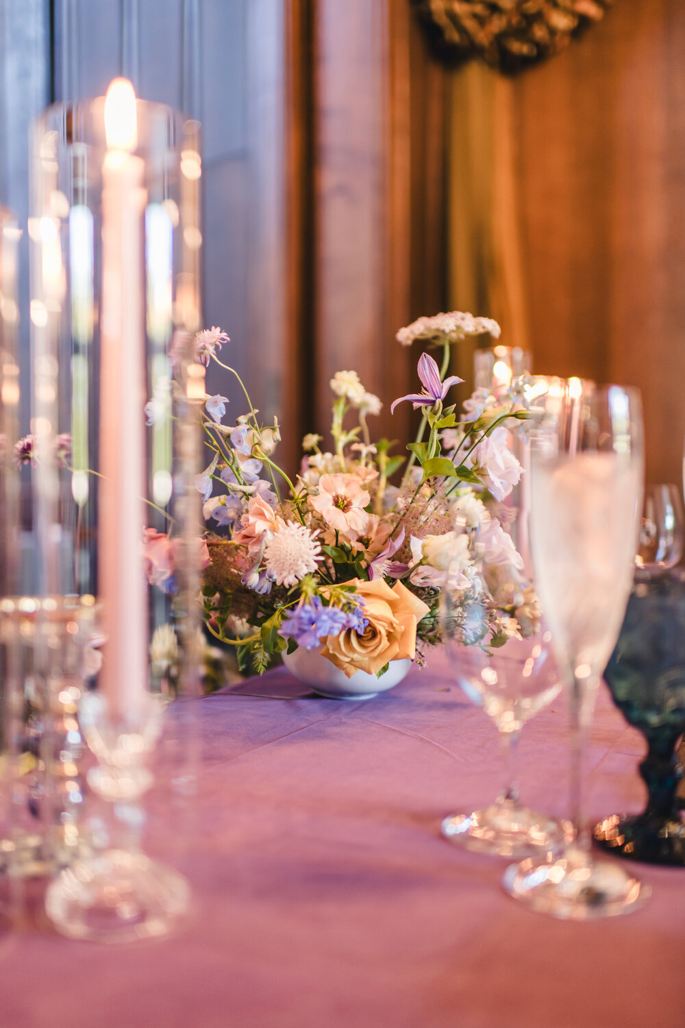 Candles and florals in the reception room