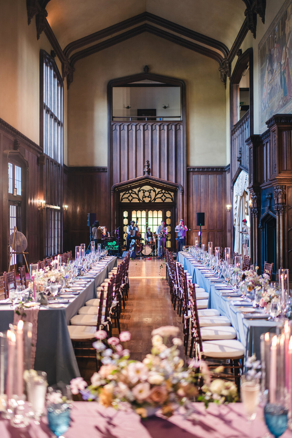 Reception hall with floral centerpieces