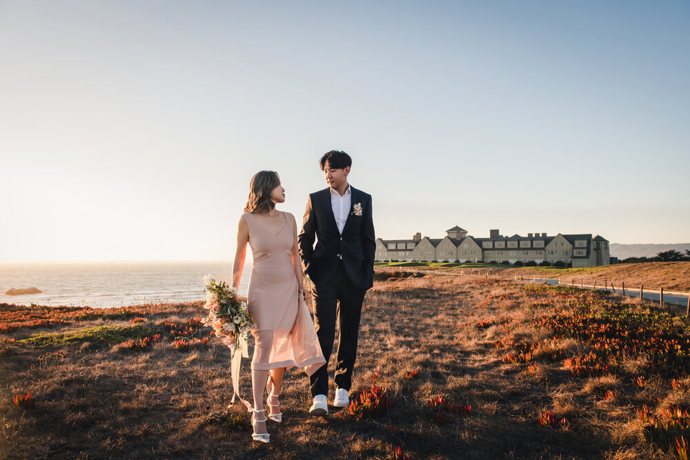 Cinematic coastal walk-away at dusk