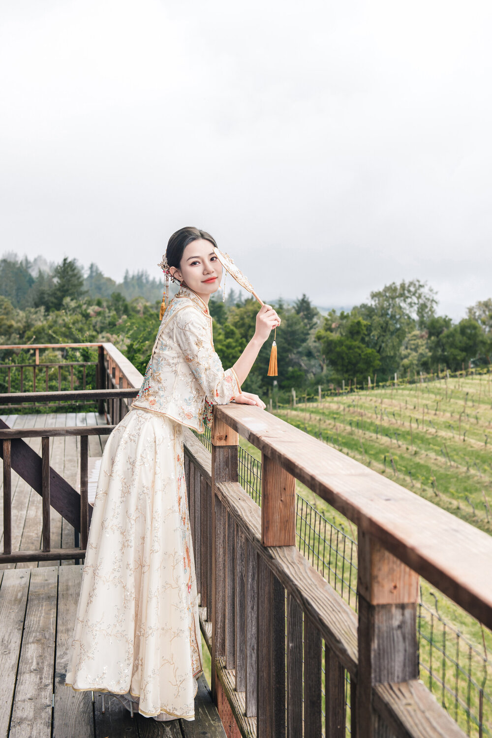 Bride in red on the balcony