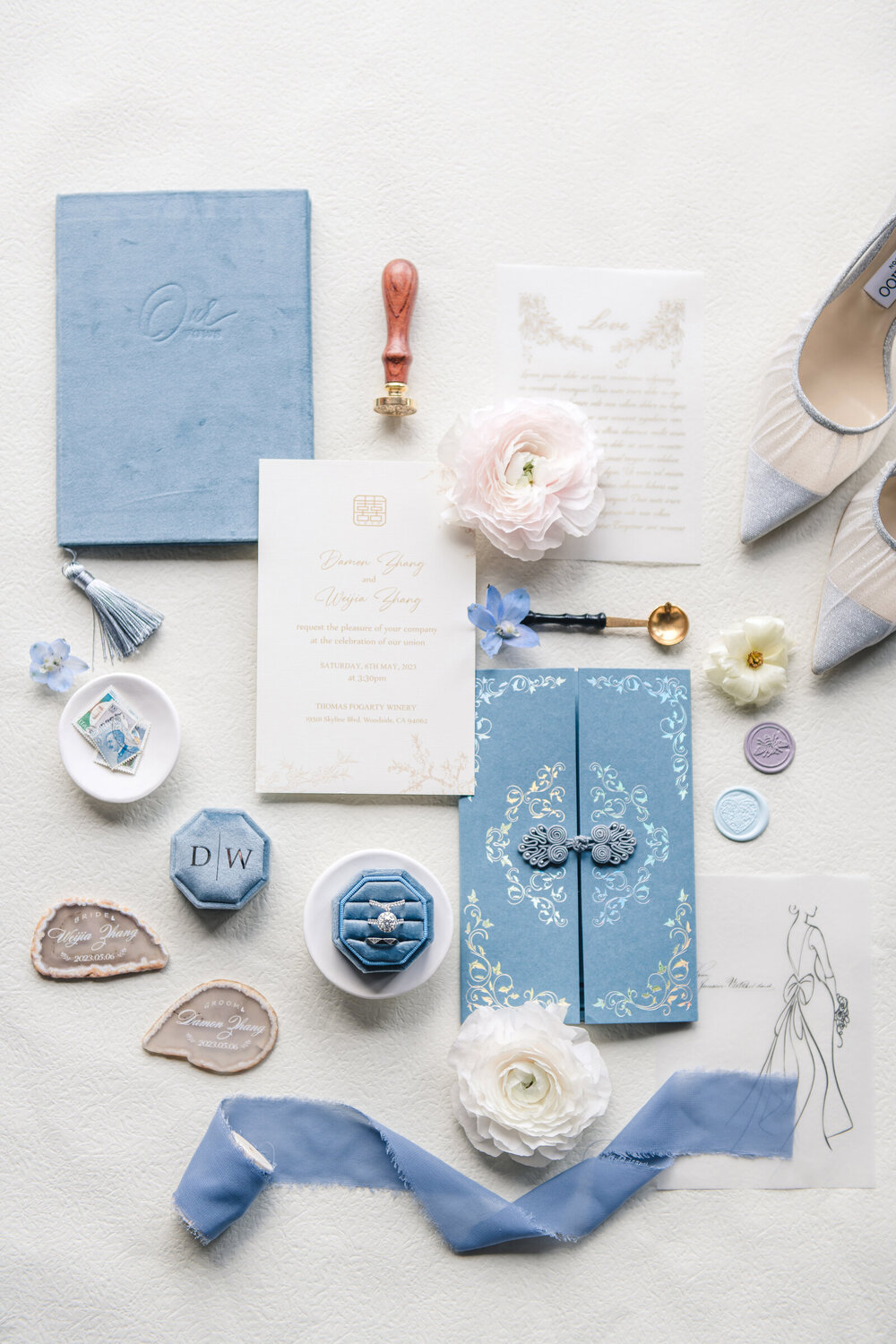 Wedding paper goods, shoes, and jewelry details