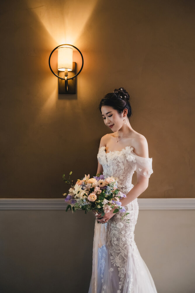 Indoor bridal portrait in warm light