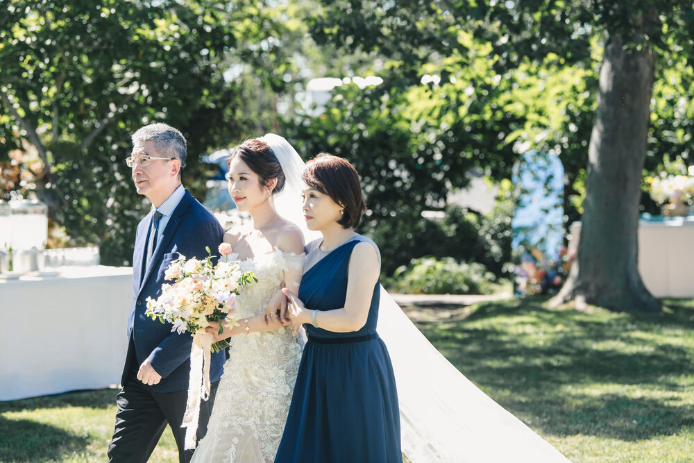 Bride walking in with her parents